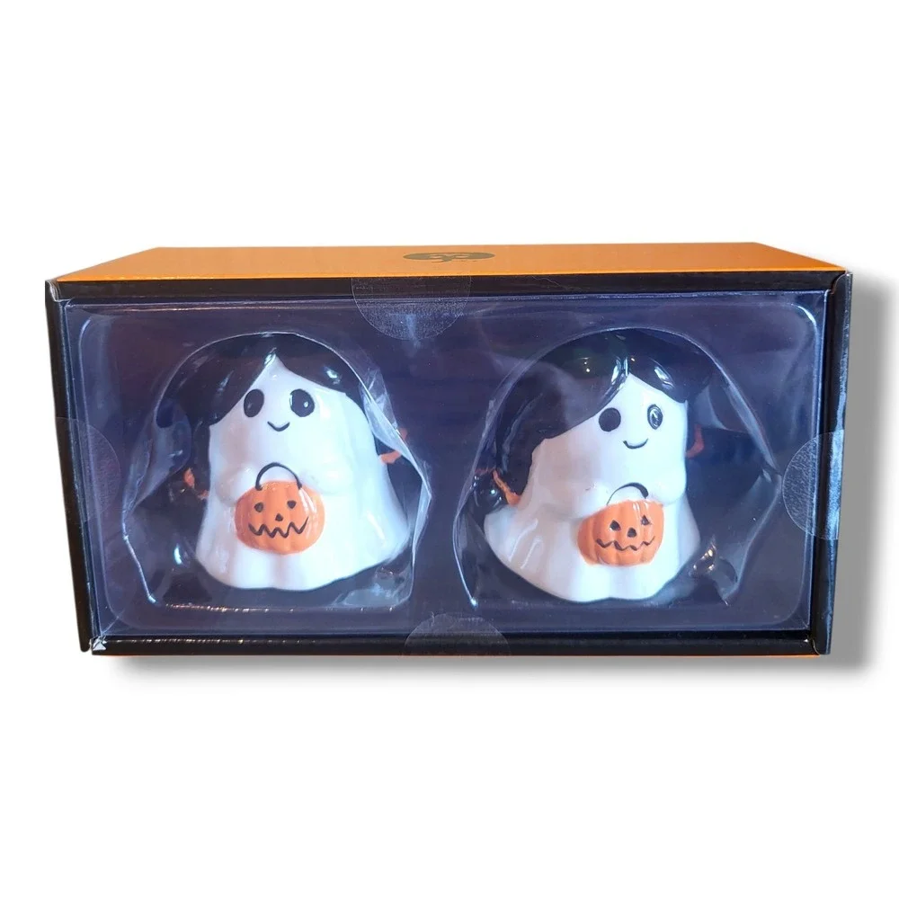 Jack O Lantern Lane Halloween Ghost Girl Salt Pepper Shakers Pumpkin Ceramic NEW